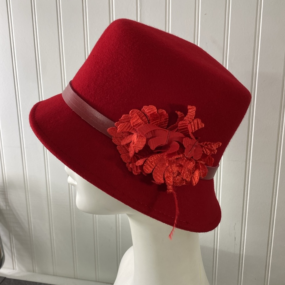 A August Vintage Red 100% Wool Hat Bow Church Cloche‎ Fedora Lipstick Red - Picture 3 of 14